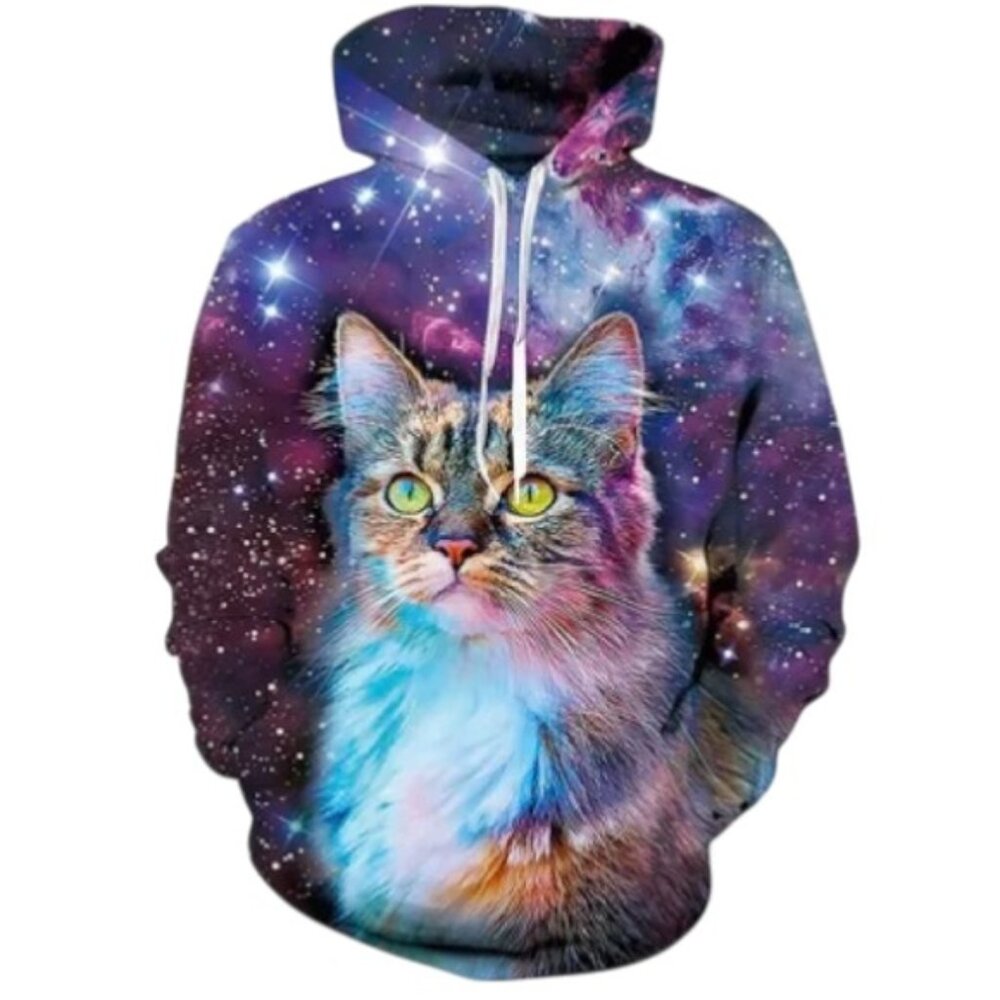 Girl's  Pullover Hoodie M Astral Cat Purple Stars Galaxy